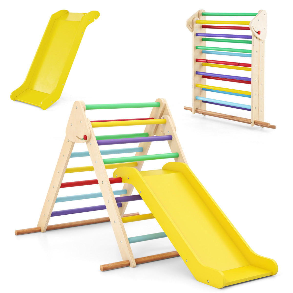 Parque Infantil de Madeira com Escalador Triangular Dobrável, Escorrega e Barras de Madeira de Faia Multicolorido - Ginásio Interior para Crianças Brinquedo Montessori