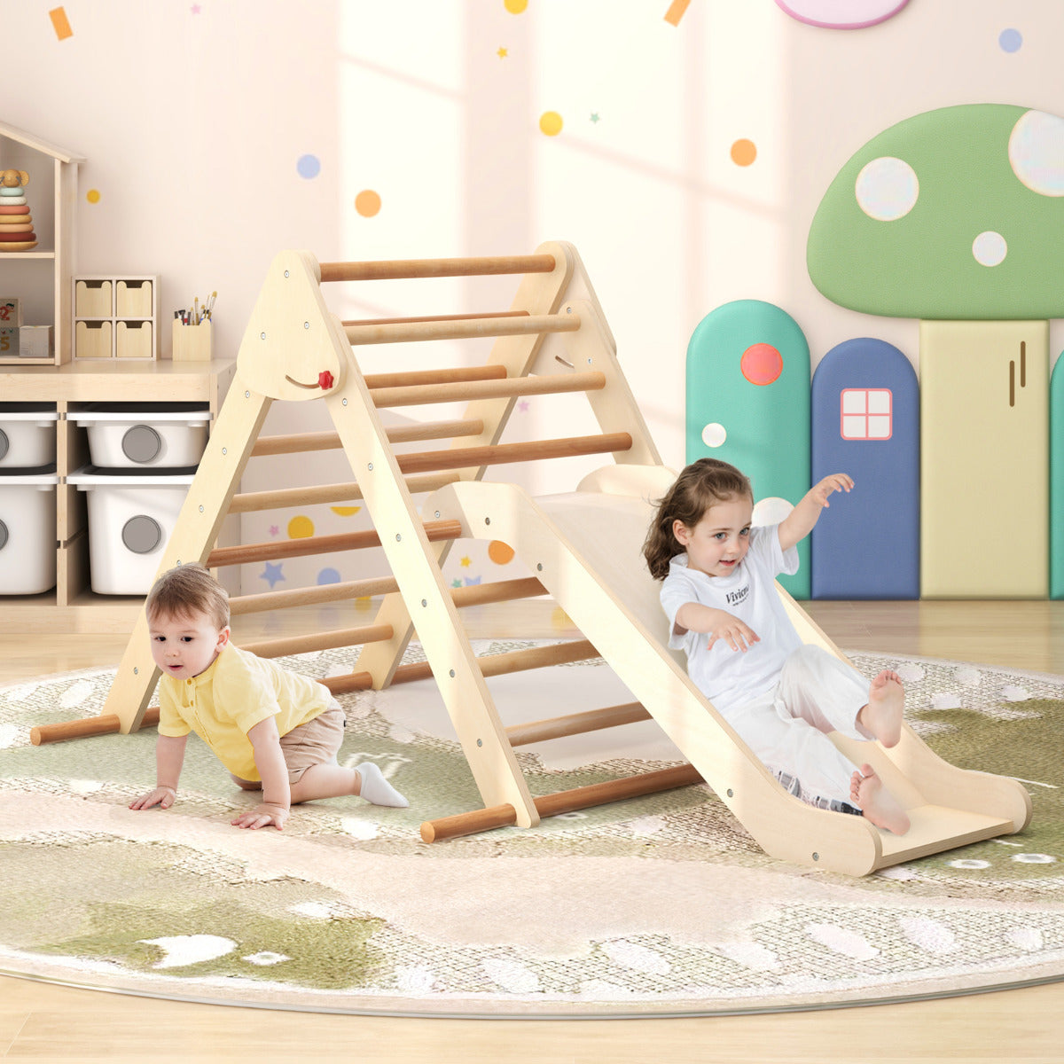 Parque Infantil Triangular Dobrável com Escorrega e Barras de Madeira de Faia Ginásio Interior para Crianças Brinquedo Montessori Natural