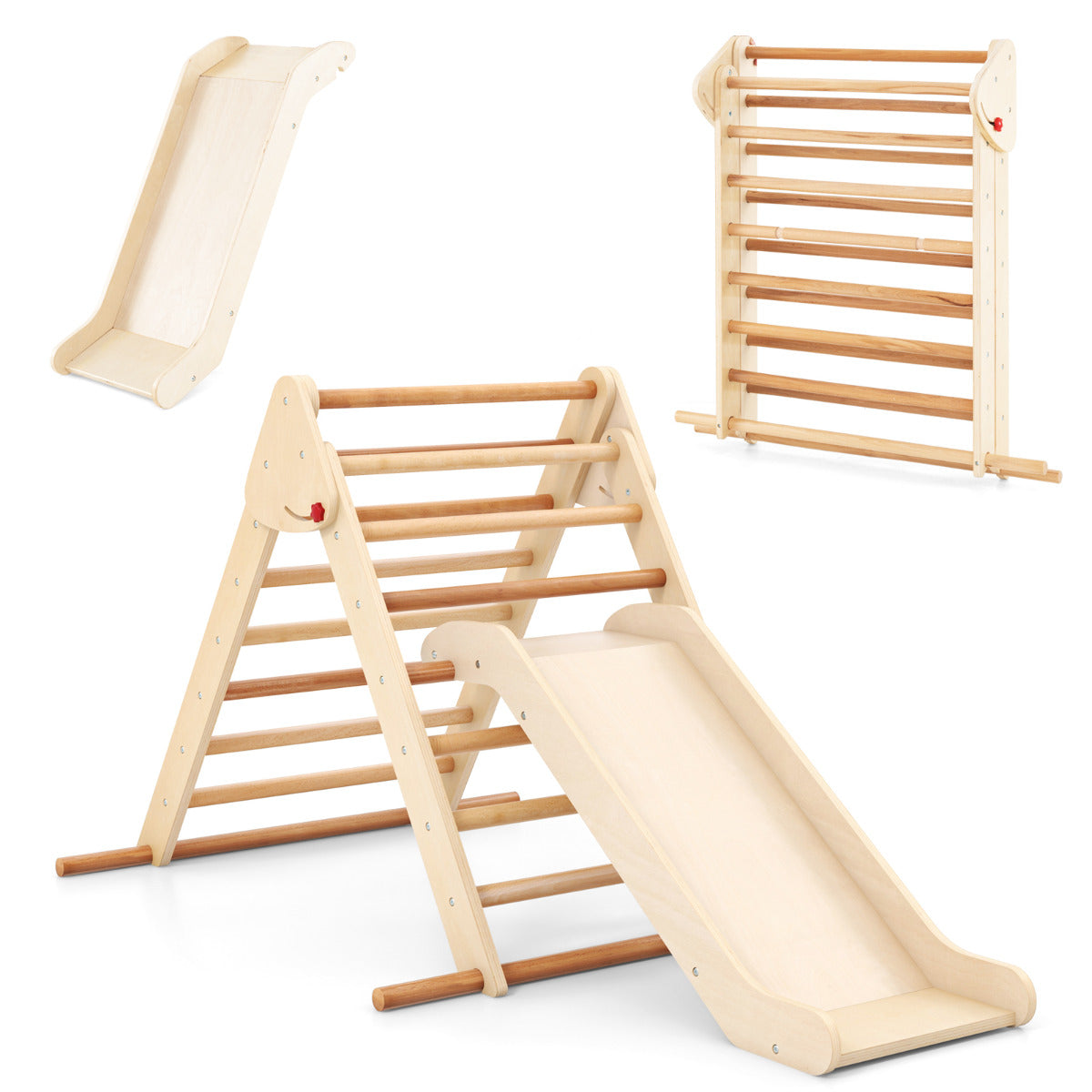 Parque Infantil Triangular Dobrável com Escorrega e Barras de Madeira de Faia Ginásio Interior para Crianças Brinquedo Montessori Natural
