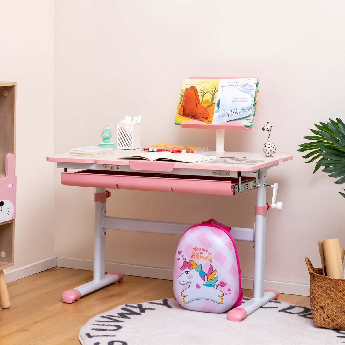 Conjunto de Secretária e Cadeira Infantil Mesa de Estudo Ajustável em Altura com Cadeira Ergonómica - Rosa - Mesa