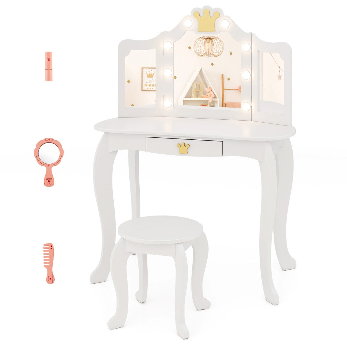 Conjunto de Tocador Infantil com Espelho Iluminado – 80 x 40 x 106 cm – Branco – Acrílico