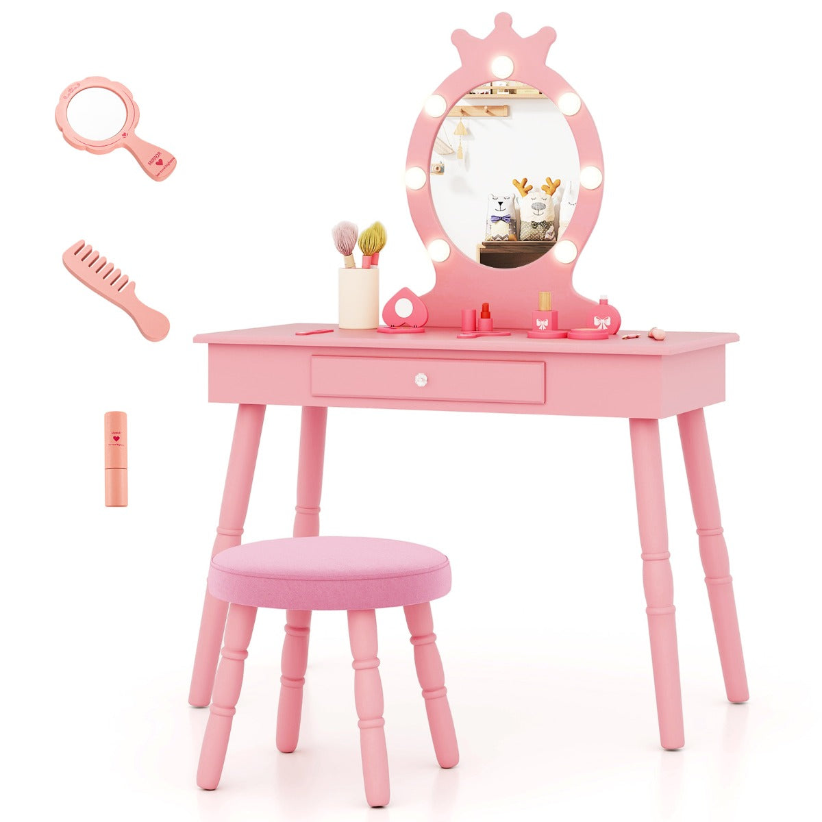 Conjunto de Tocador Infantil com Espelho Iluminado – Rosa Brilhante – MDF e Madeira de Pinho