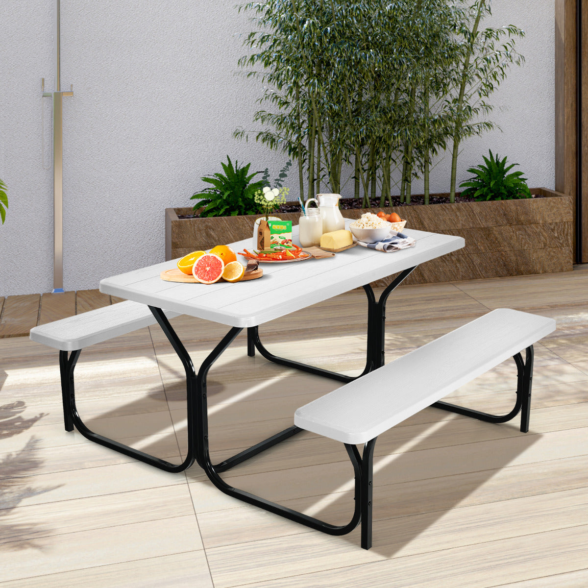 Conjunto de Mesa e Banco de Piquenique Estrutura Metálica para Exterior Branco 137 x 150 x 72 cm