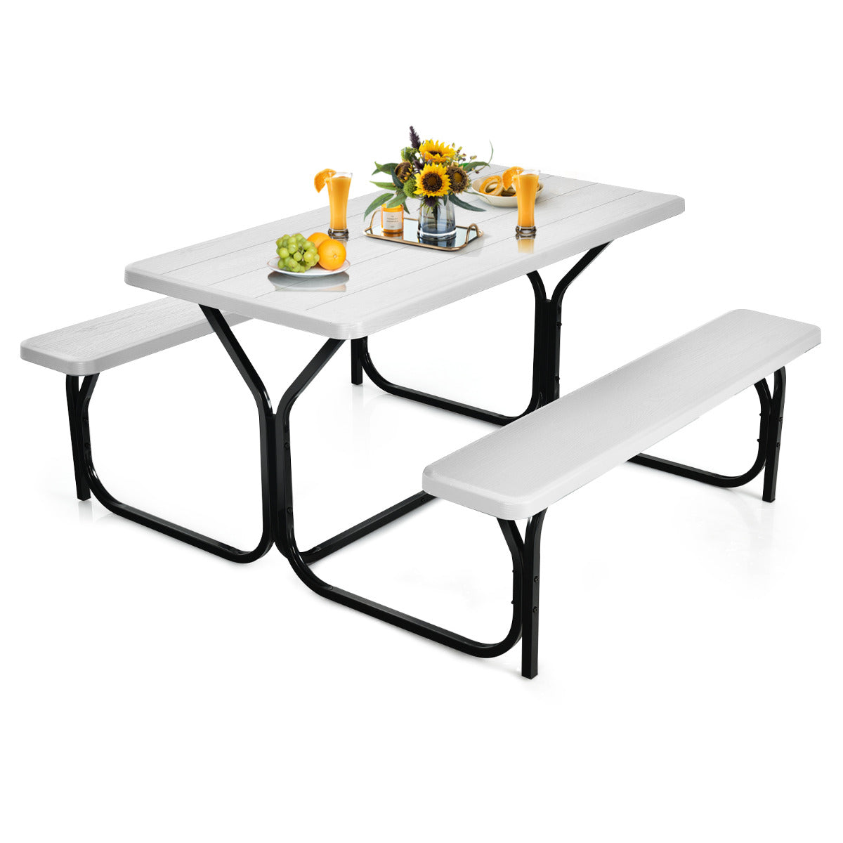 Conjunto de Mesa e Banco de Piquenique Estrutura Metálica para Exterior Branco 137 x 150 x 72 cm