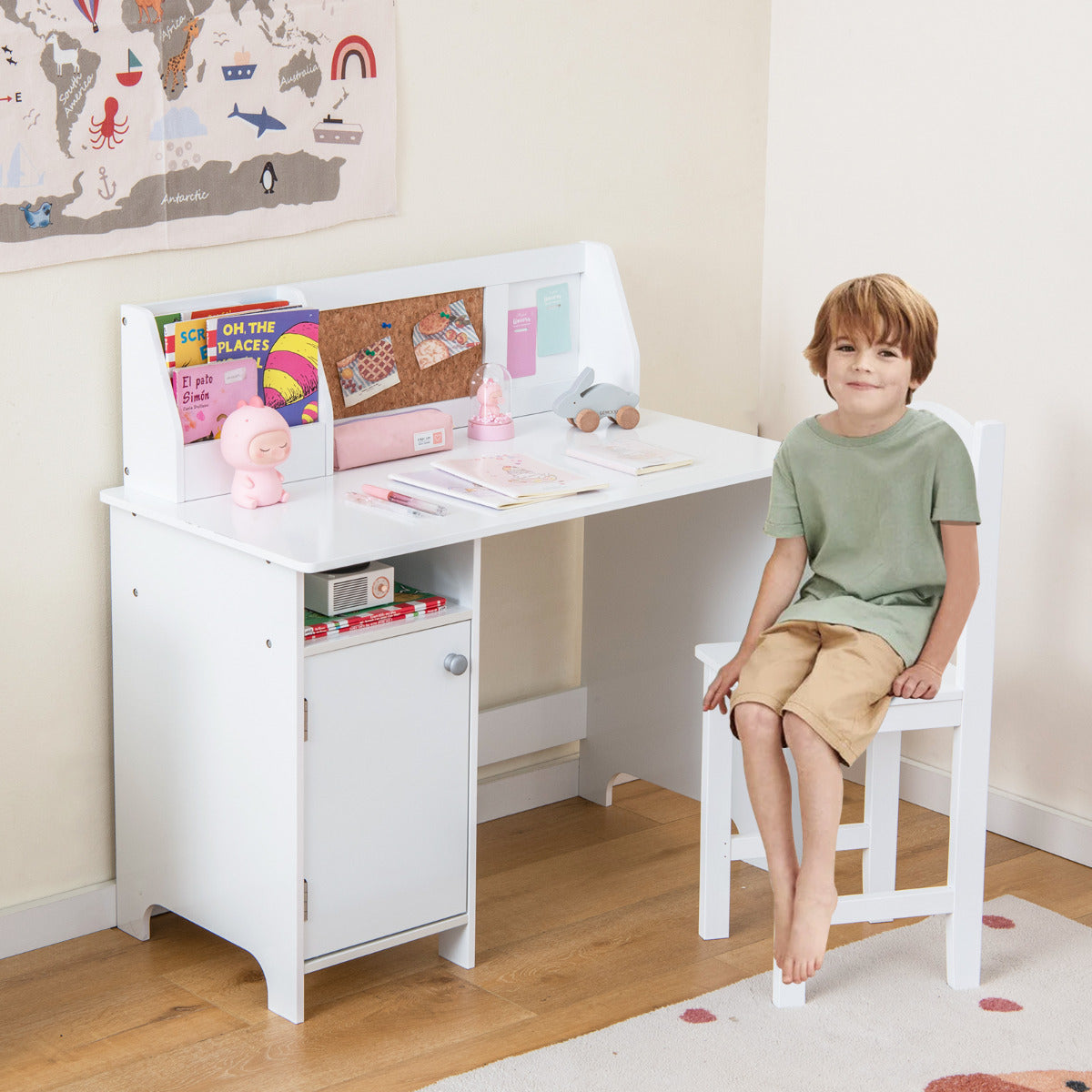 Conjunto de Mesa e Cadeira Infantil em Madeira para Estudo com Cadeira Estante Armário para Crianças 3+ Anos 90 x 45 x 86 cm Branco