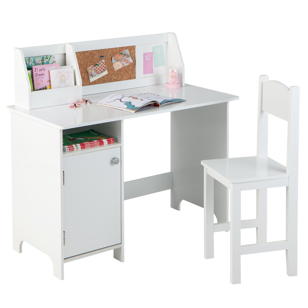 Conjunto de Mesa e Cadeira Infantil em Madeira para Estudo com Cadeira Estante Armário para Crianças 3+ Anos 90 x 45 x 86 cm Branco