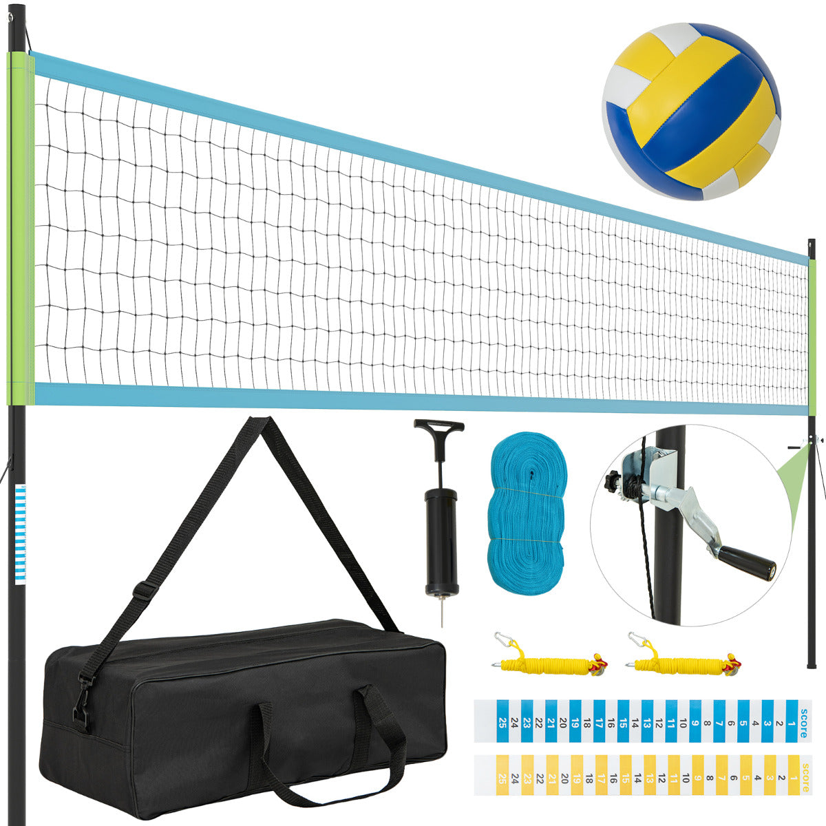 Conjunto de Rede de Voleibol Portátil para Exterior com Sistema de Rede de Voleibol de Alta Resistência e Postes Ajustáveis em Altura Verde