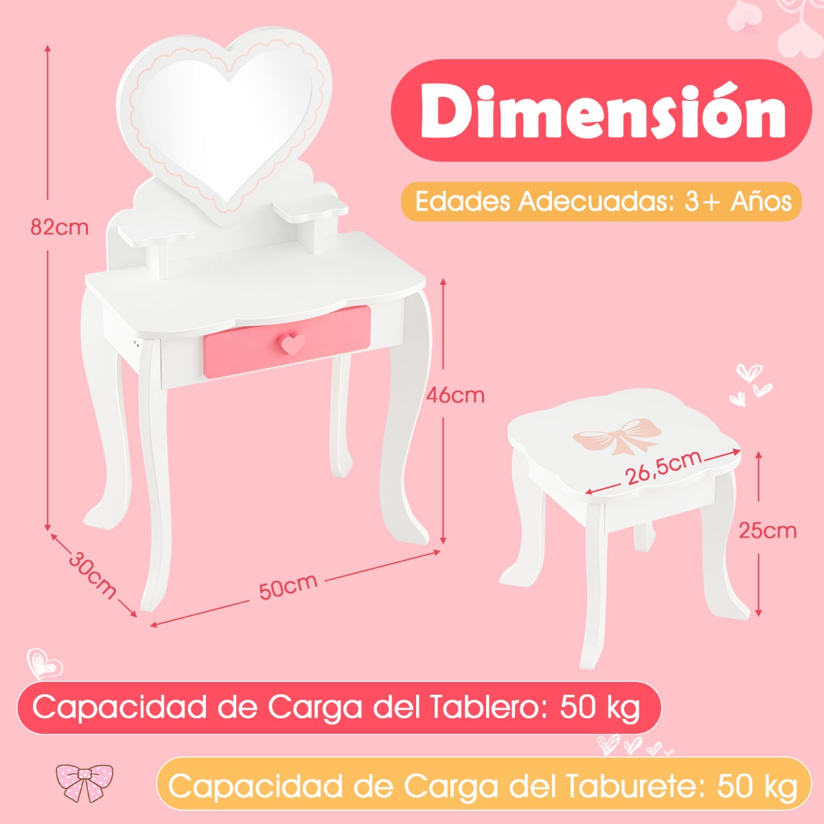 Conjunto de Tocador Infantil – 50 x 30 x 82 cm – Branco – Madeira