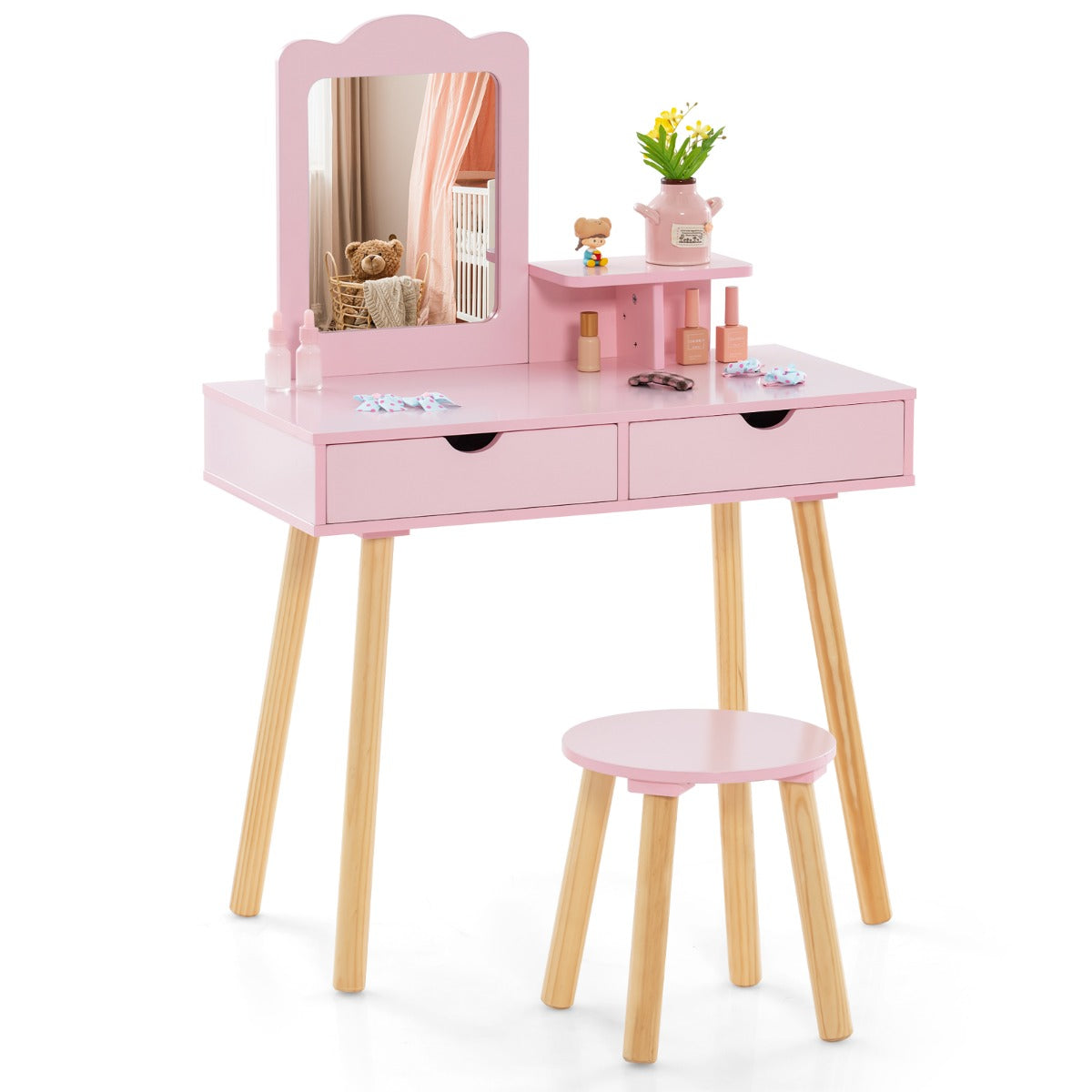 Tocador e Banqueta de Madeira para Crianças com Espelho Retangular e 2 Gavetas Grandes 70 x 34 x 100 cm Rosa