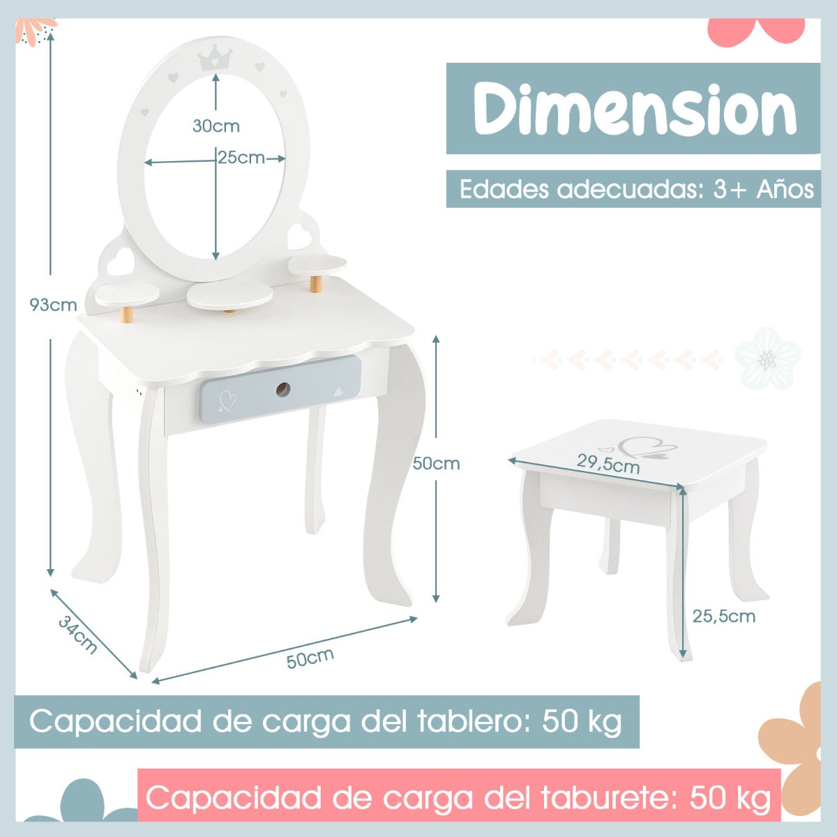 Conjunto de Tocador Infantil – 2 em 1 – Branco – Madeira