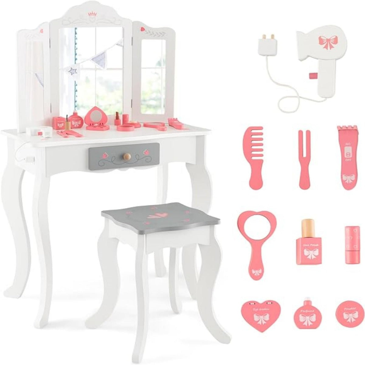 Conjunto de Tocador Infantil 2 em 1 Mesa de Maquilhagem com Banqueta e Espelho Triplo Removível para Meninas 3+ Anos 60 x 33 x 98,5 cm Branco
