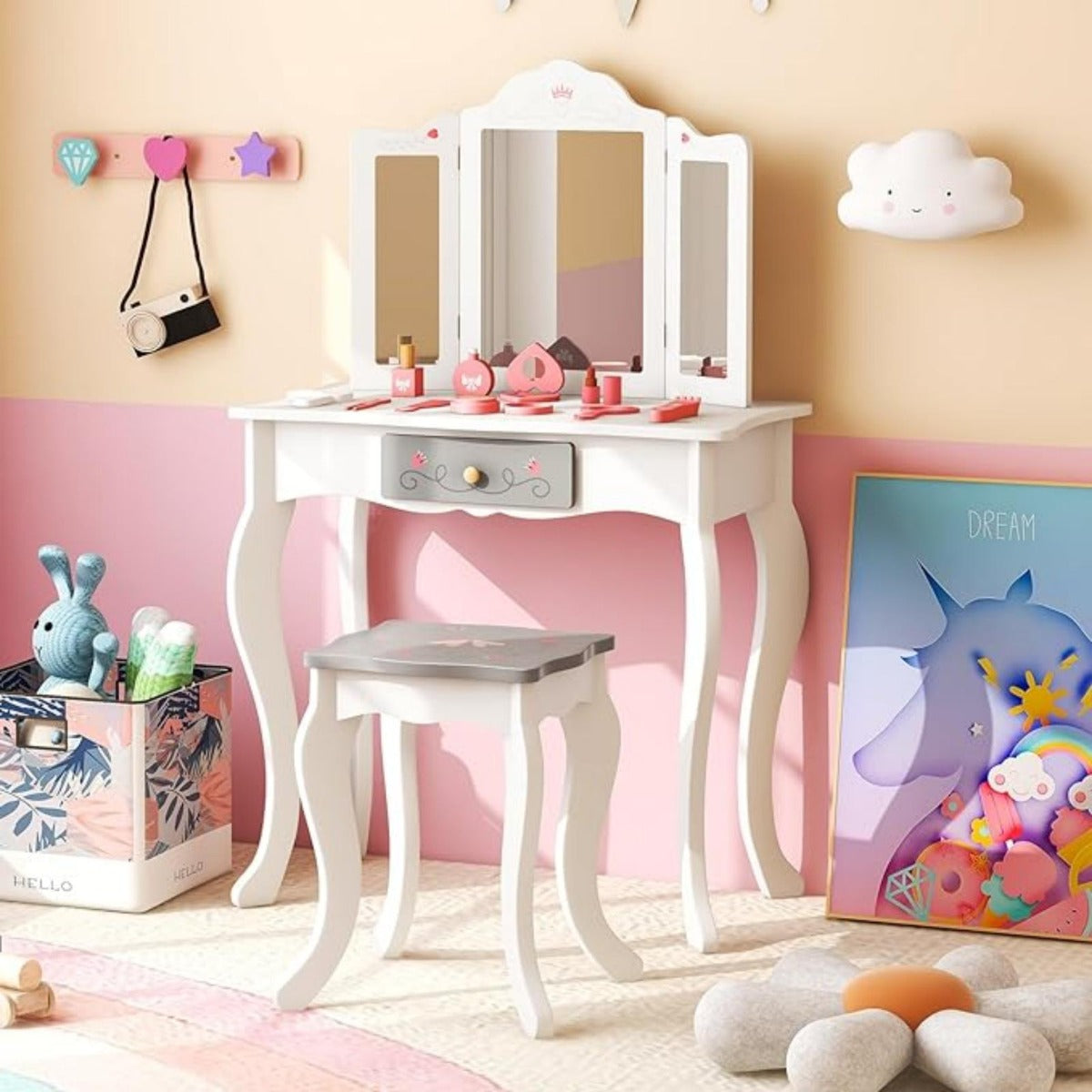 Conjunto de Tocador Infantil 2 em 1 Mesa de Maquilhagem com Banqueta e Espelho Triplo Removível para Meninas 3+ Anos 60 x 33 x 98,5 cm Branco