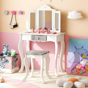 Conjunto de Tocador Infantil 2 em 1 Mesa de Maquilhagem com Banqueta e Espelho Triplo Removível para Meninas 3+ Anos 60 x 33 x 98,5 cm Branco