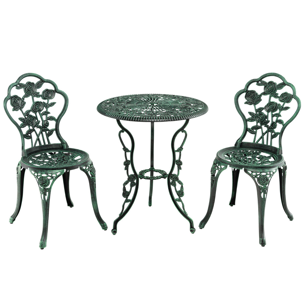 Conjunto de Jantar de Jardim - 2 Cadeiras e 1 Mesacom Orifício para Guarda-Sol e 2 Cadeiras de Jardim em Fundição e Alumínio