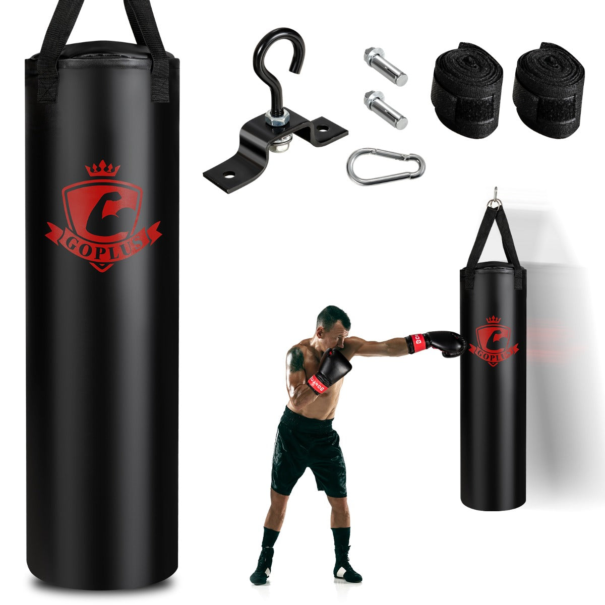 Conjunto Saco de Pancada Pendurado 28,5kg para Adultos com Ligaduras e Luvas de Boxe 12oz Simil-Couro PVC para Muay Thai Krav Maga Taekwondo Karaté