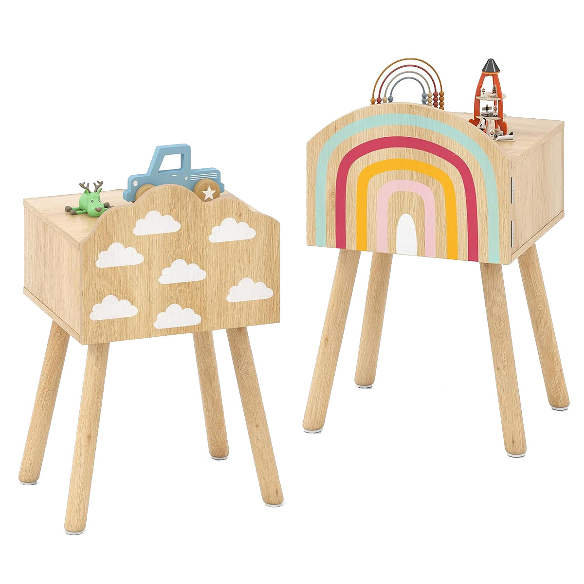 Conjunto de 2 Mesinhas de Cabeceira para Crianças Armário e Pernas de Madeira Maciça para Quarto Sala 34 x 30 x 54 cm Natural