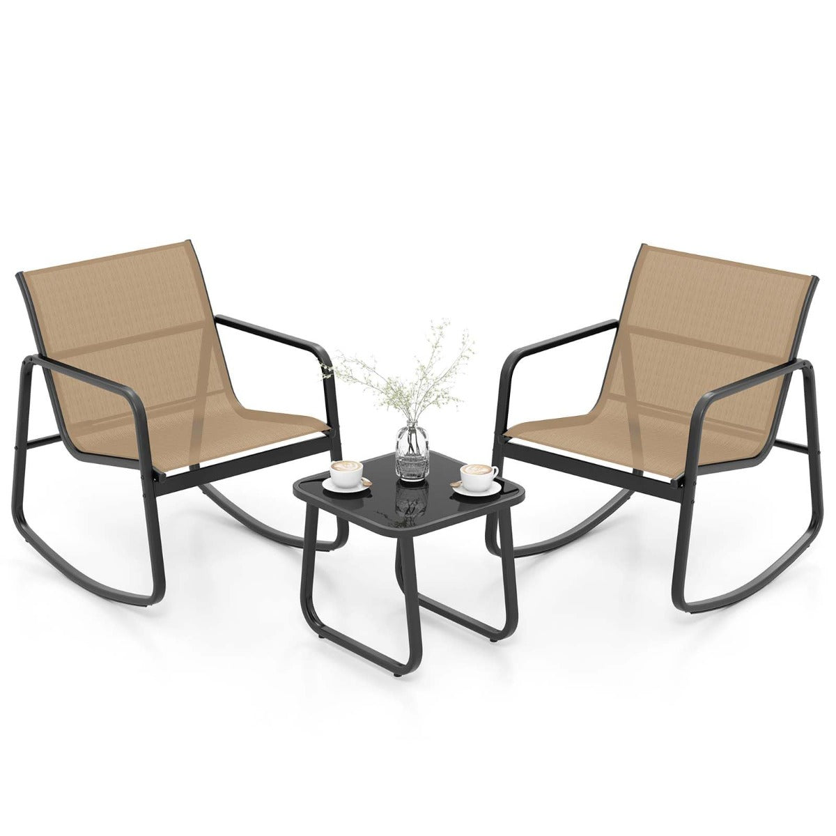 Conjunto de 3 Peças Baloiço para Pátio 2 Cadeiras de Bistrô e Mesa Baixa de Vidro com Tecido de Malha Respirável Faixa Antiderrapante Castanho