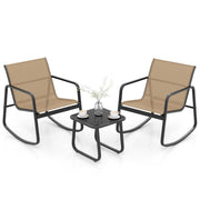 Conjunto de 3 Peças Baloiço para Pátio 2 Cadeiras de Bistrô e Mesa Baixa de Vidro com Tecido de Malha Respirável Faixa Antiderrapante Castanho