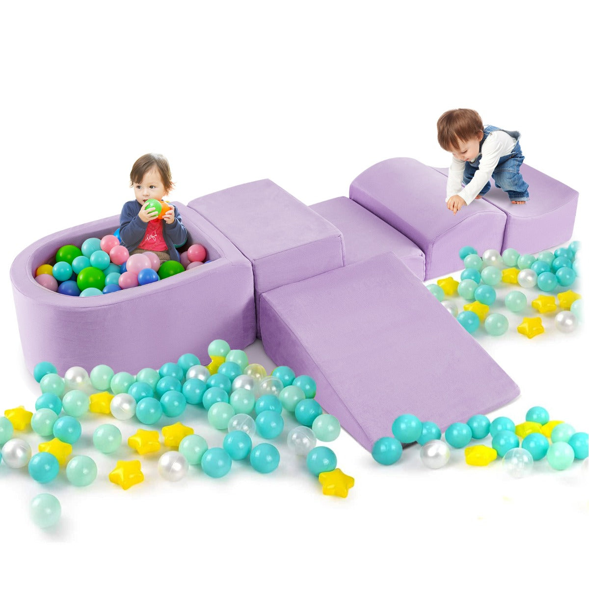 Conjunto de Jogos de Escalada e Rastejamento de 5 Peças com Piscina de Bolas e Capa Lavável na Máquina Zona Suave de Escalada para Bebés Roxo