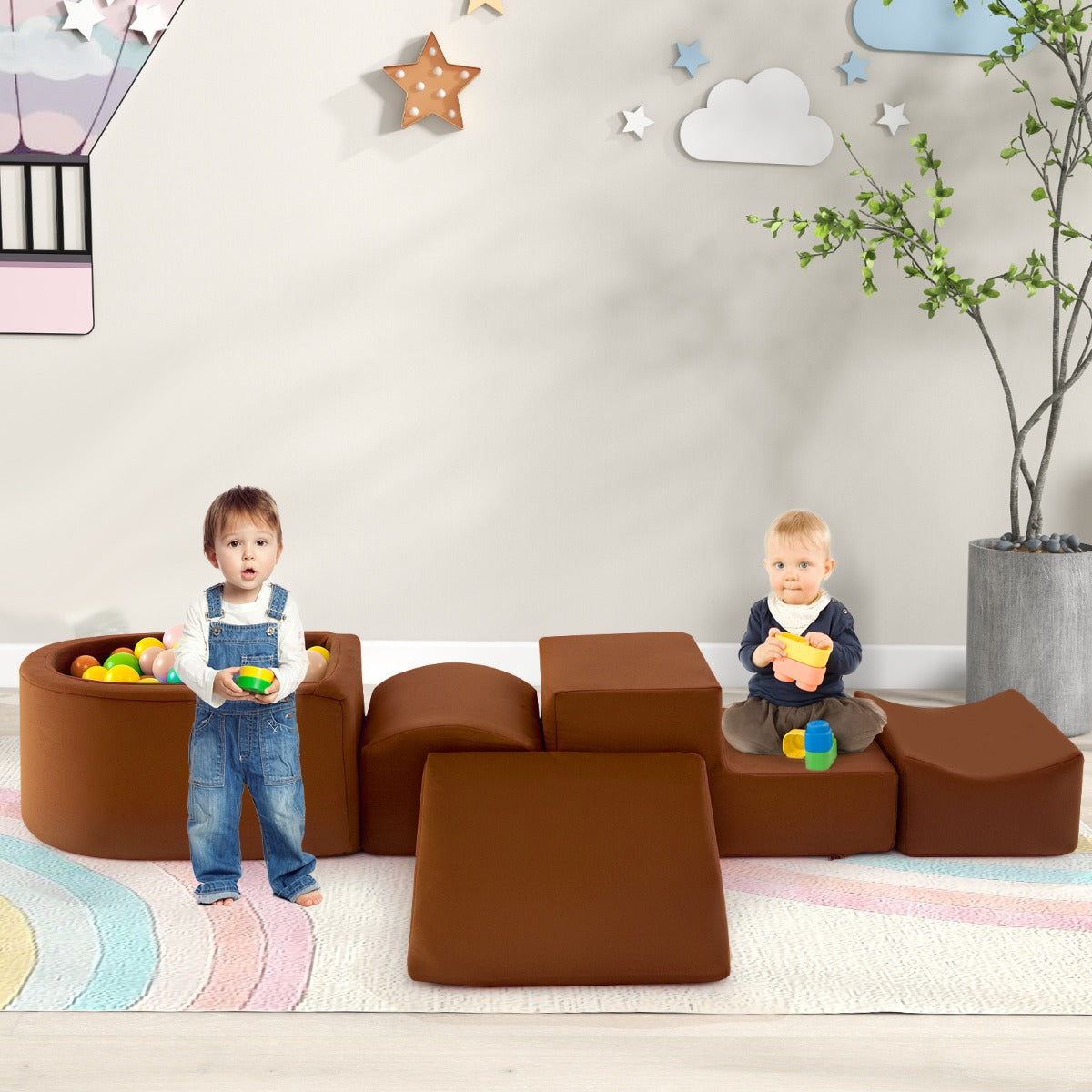 Conjunto de Jogos de Escalada e Rastejo de 5 Peças com Piscina de Bolas e Capa Lavável na Máquina - Zona Suave de Escalada para Bebés em Café