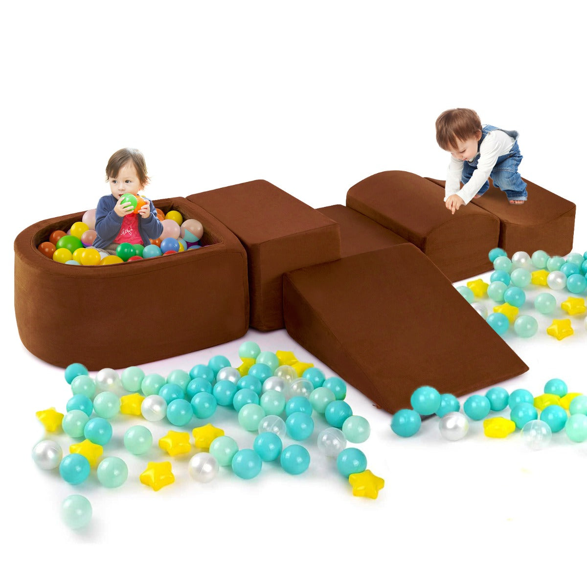 Conjunto de Jogos de Escalada e Rastejo de 5 Peças com Piscina de Bolas e Capa Lavável na Máquina - Zona Suave de Escalada para Bebés em Café