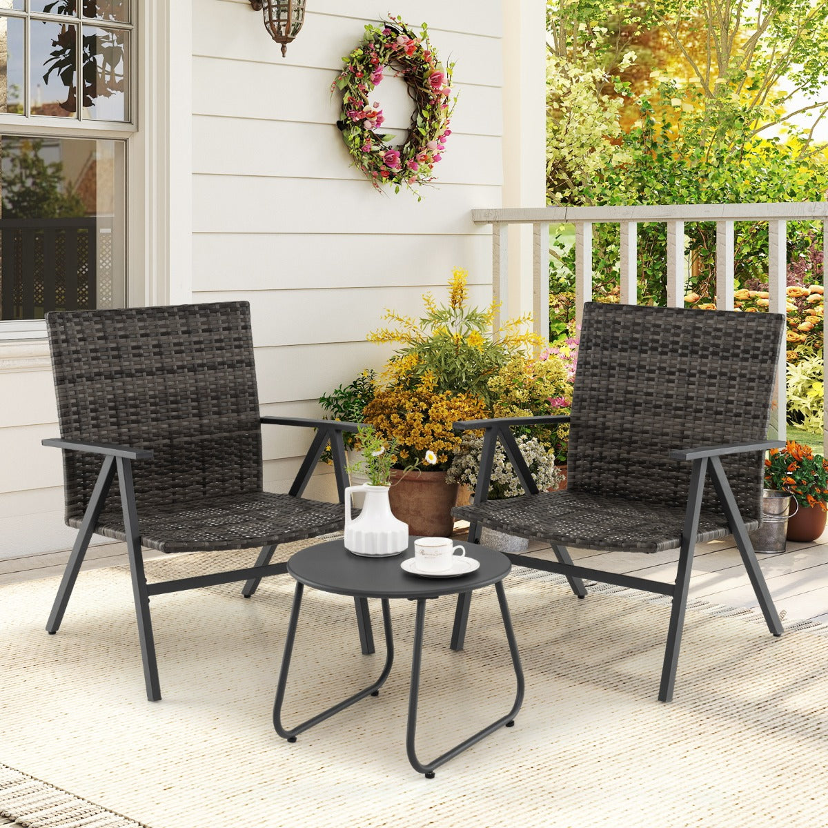 Conjunto de Mobiliário de Exterior de 3 Peças Mesa Redonda e 2 Poltronas de Ratan com Pés Ajustáveis Assento Largo Encosto Alto Cinza Escuro