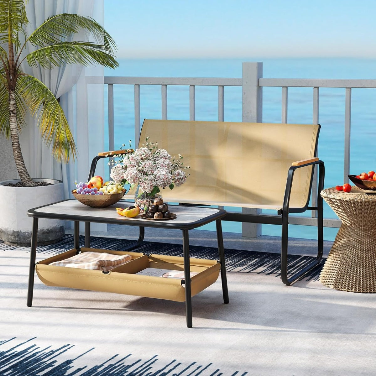 Conjunto de Sofá de Exterior de 2 Lugares e Mesa de Café com 2 Compartimentos de Arrumação para Varanda, Alpendre e Jardim