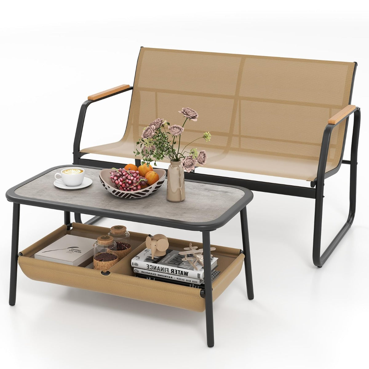 Conjunto de Sofá de Exterior de 2 Lugares e Mesa de Café com 2 Compartimentos de Arrumação para Varanda, Alpendre e Jardim