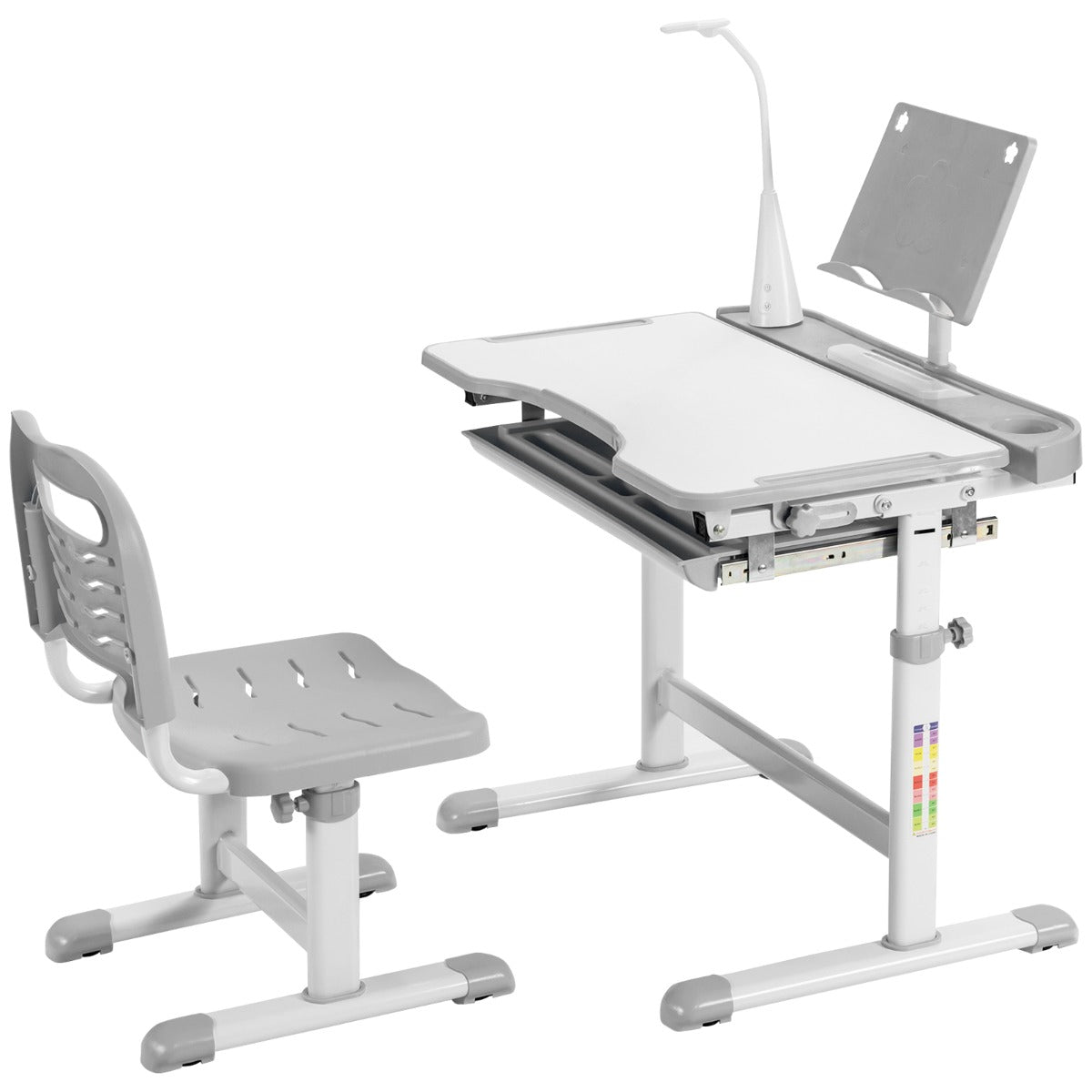 Conjunto de Mesa e Cadeira para Crianças com Suporte para Livros, Luz LED, Superfície Inclinada e Gaveta Removível - Cinzento