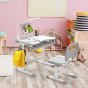 Conjunto de Mesa e Cadeira para Crianças com Suporte para Livros, Luz LED, Superfície Inclinada e Gaveta Removível - Cinzento