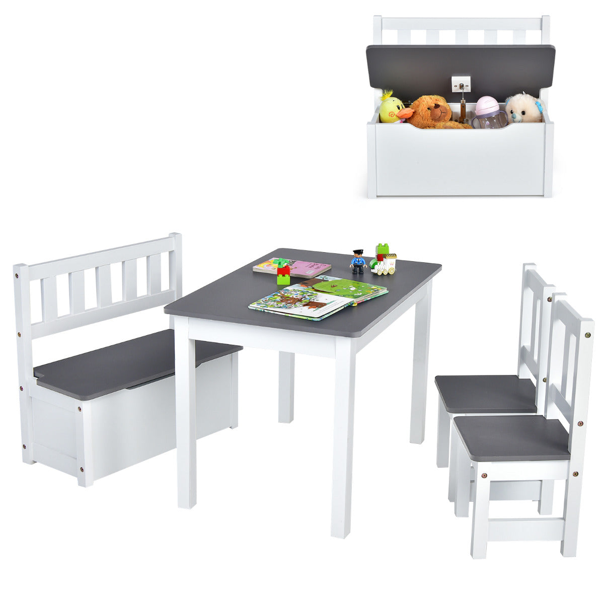 Conjunto de Mesa e Cadeiras para Crianças – 4 Peças – Cinza – MDF e Madeira de Pinho