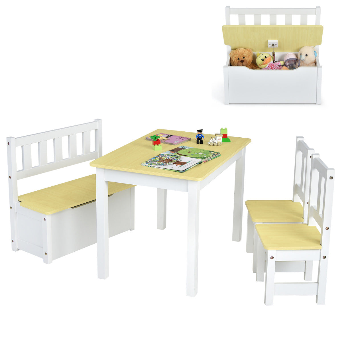 Conjunto de Mesa e Cadeiras para Crianças em Madeira – 4 Peças – Natural – MDF e Madeira de Pinho