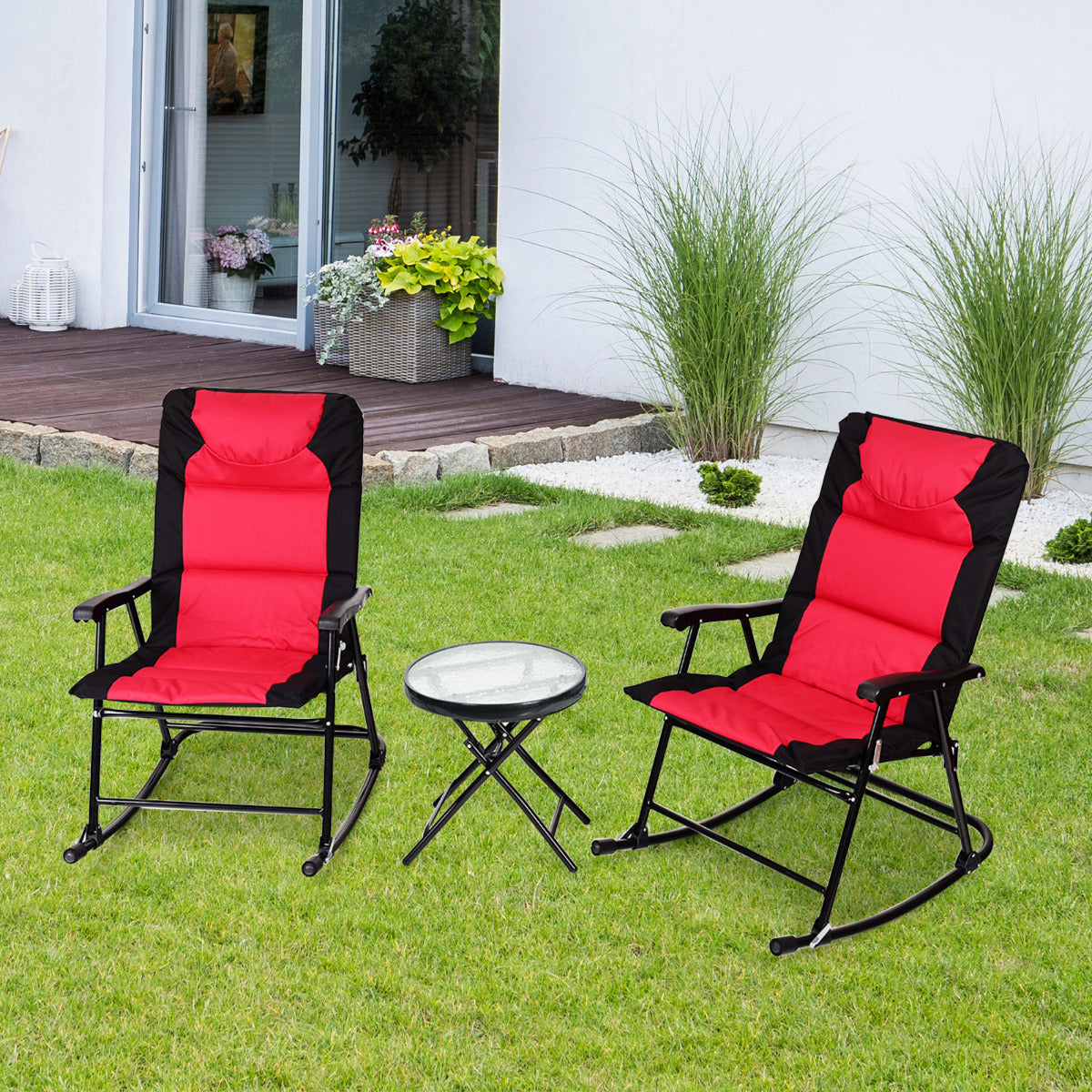 Conjunto de 2 Cadeiras Dobráveis com Mesa Baixa para Exterior - Vermelho - Aço e PVC