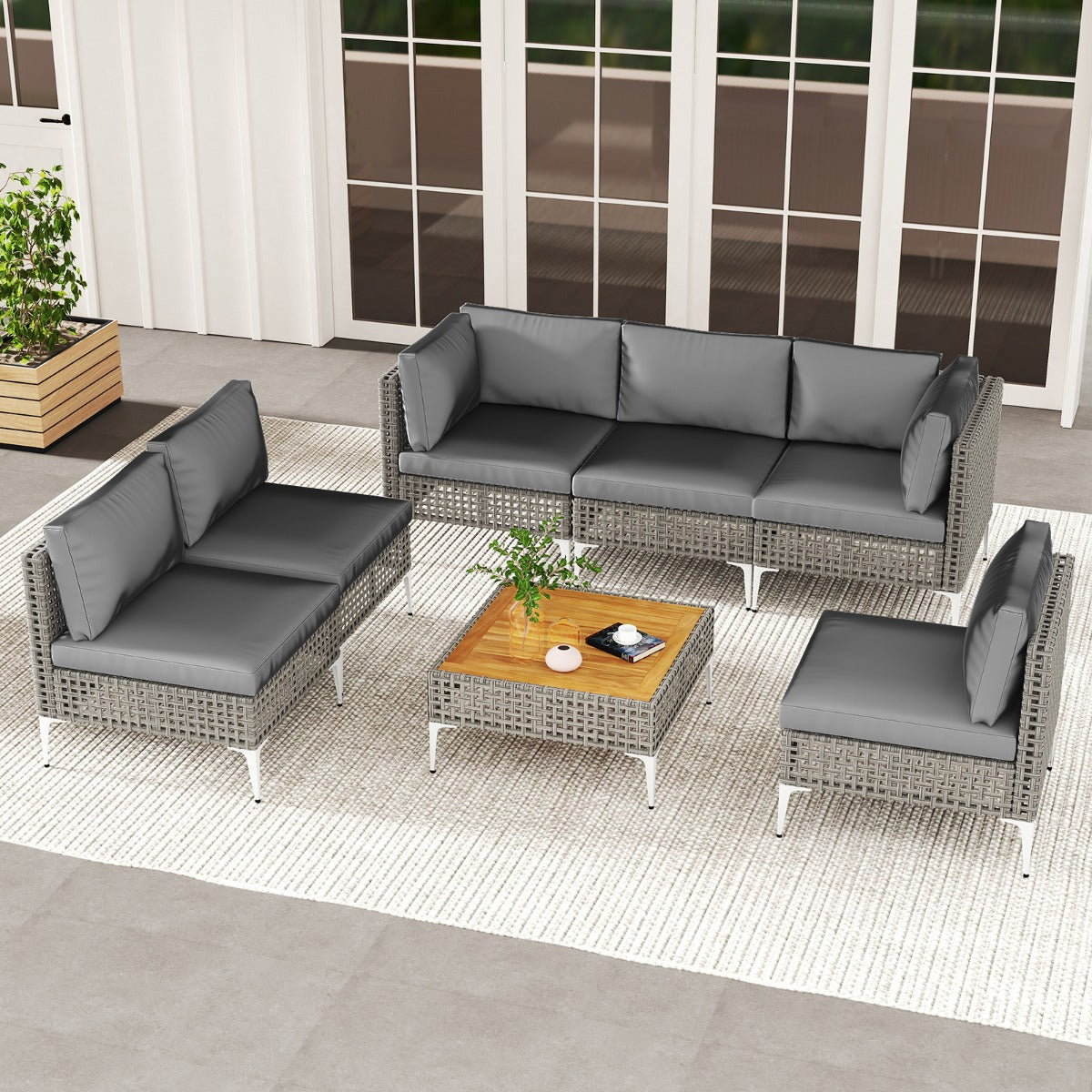 Conjunto de Mesa e Cadeiras de 7 Peças em Ratan PE com Mesa de Madeira de Acácia Almofadas Removíveis e Pernas de Metal Ajustáveis Cinza