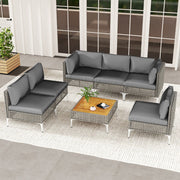 Conjunto de Mesa e Cadeiras de 7 Peças em Ratan PE com Mesa de Madeira de Acácia Almofadas Removíveis e Pernas de Metal Ajustáveis Cinza