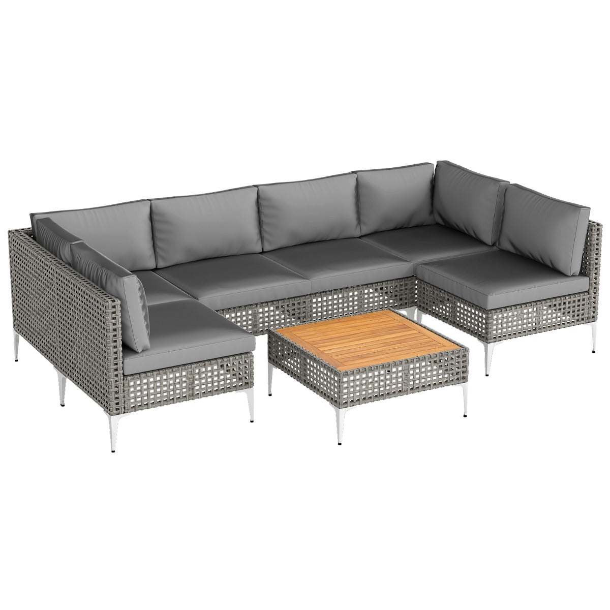 Conjunto de Mesa e Cadeiras de 7 Peças em Ratan PE com Mesa de Madeira de Acácia Almofadas Removíveis e Pernas de Metal Ajustáveis Cinza