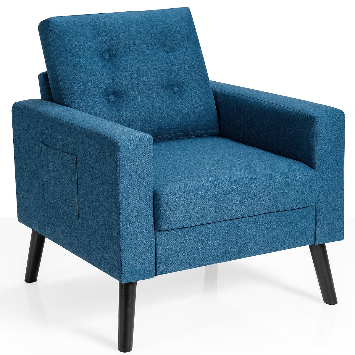 Sillón de Braço de Lazer Moderno Apisado com Pernas de Madeira de Borracha e 2 Bolsos Laterais 75 x 81 x 86 cm Azul Marinho