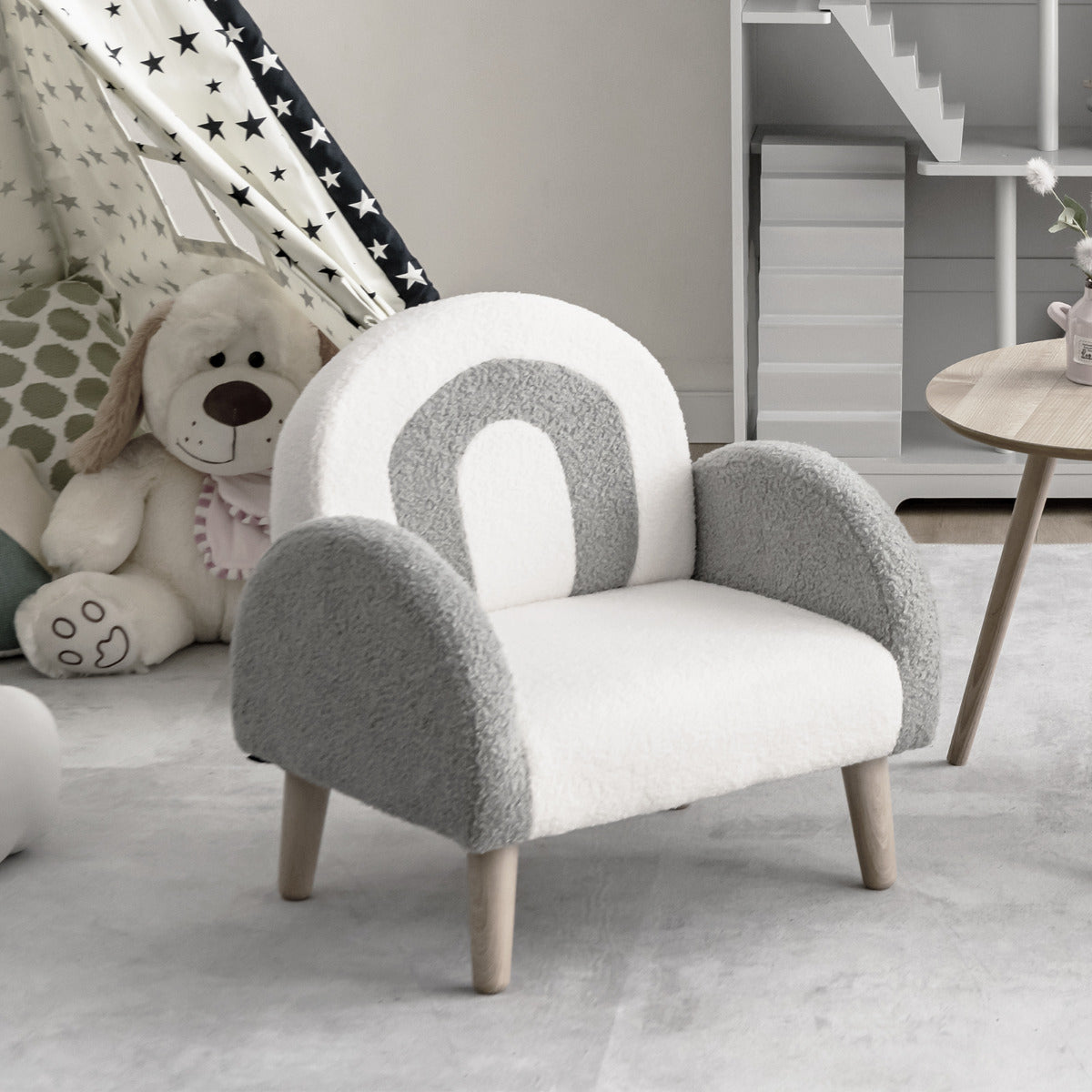 Sillón Infantil em Veludo Felpudo Cinzento com Espuma de Alta Elasticidade Pernas de Madeira Estofado para Crianças 51 x 42 x 51 cm
