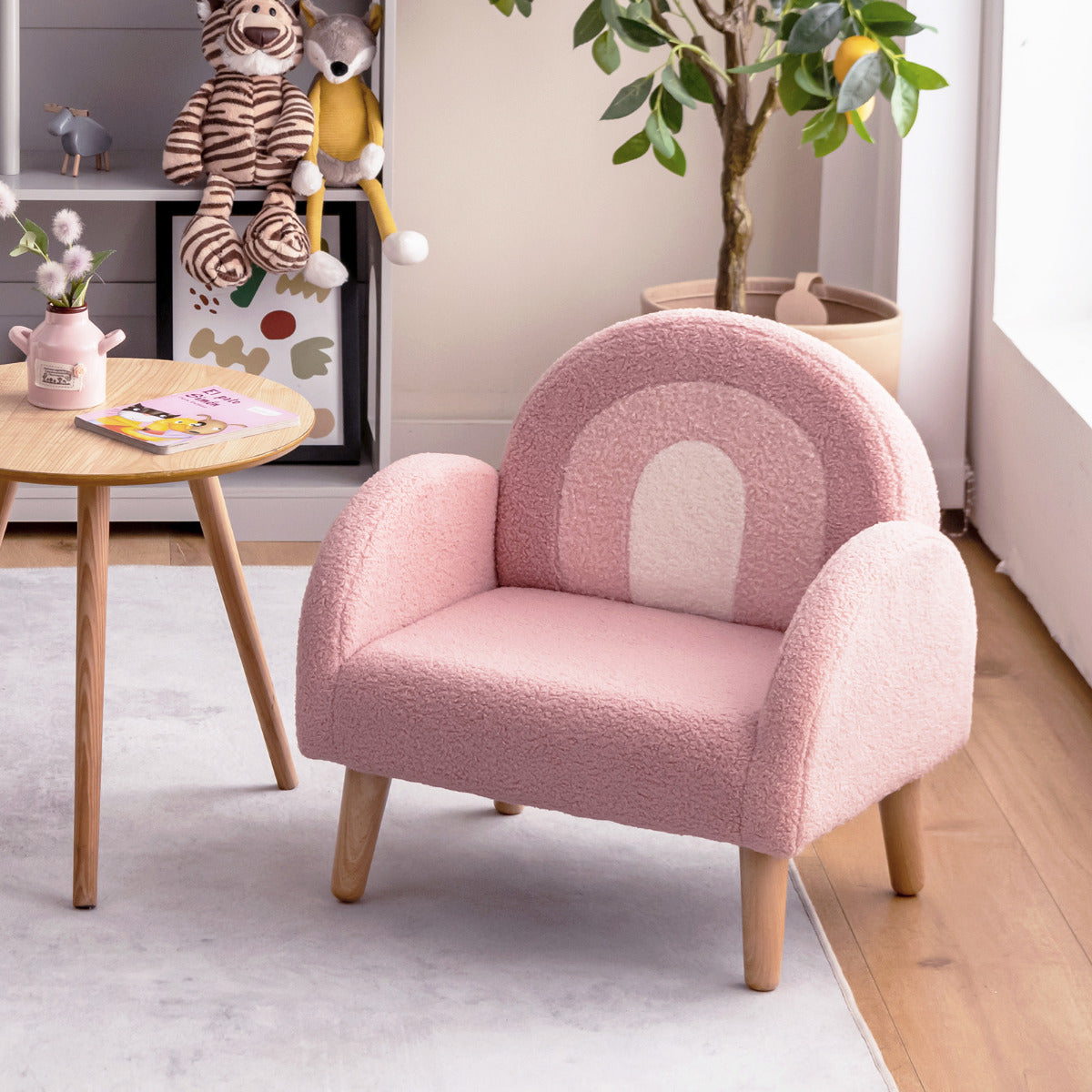 Sillón Infantil de Veludo Rosa com Espuma de Alta Elasticidade e Pernas de Madeira para Crianças 51 x 42 x 51 cm