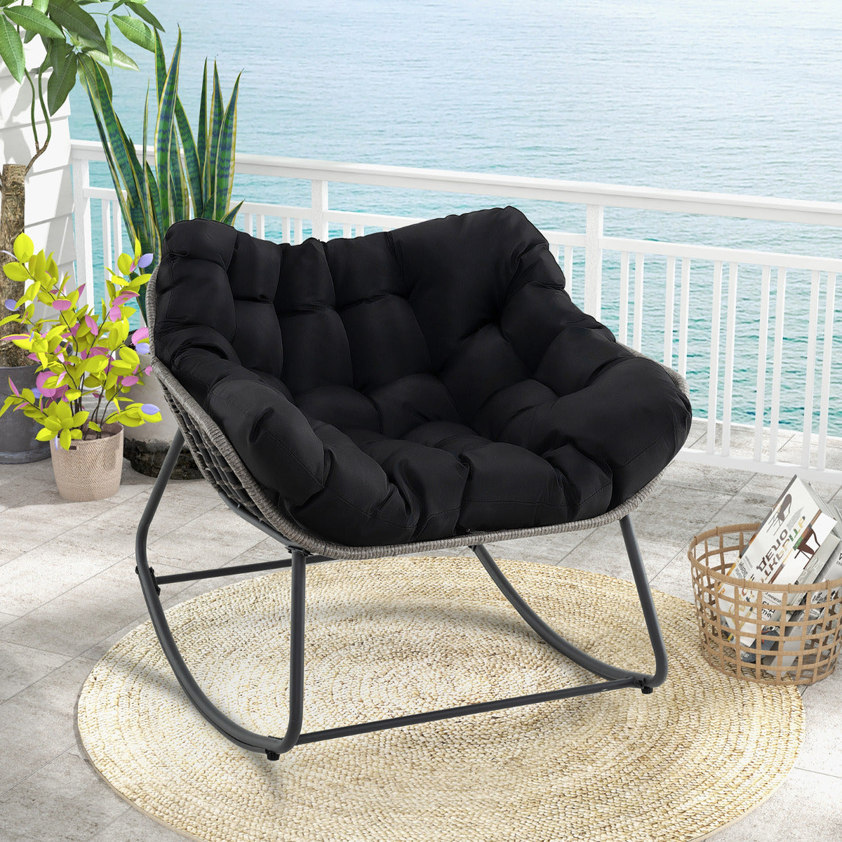 Sillón Mecedor Extragrande com Almofada Espessa e Removível em Preto