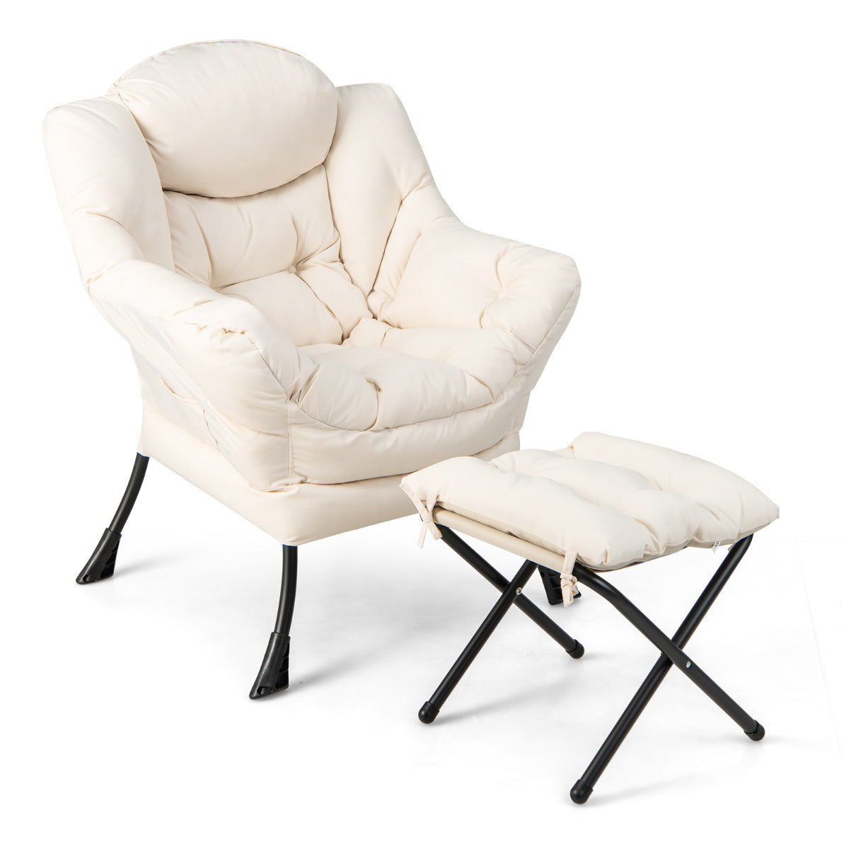 Poltrona Reclinável com Otomana Cadeira de Lazer com Almofada Apoio para Pés Apoia-Braços Sofá para Sala Quarto 75 x 81 x 94,5 cm Bege