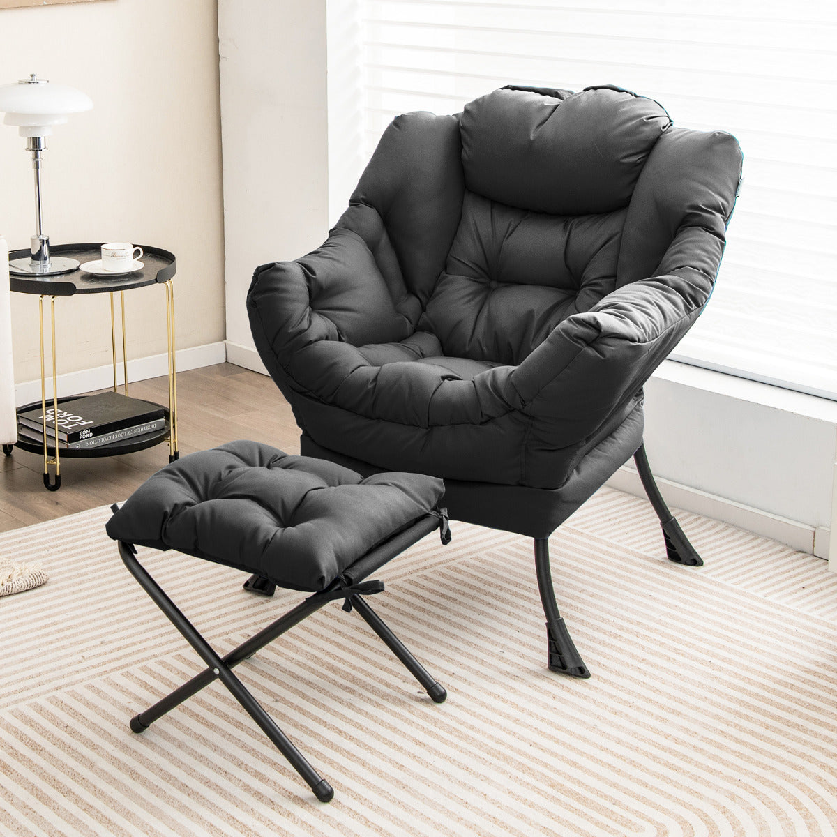 Sillón Reclinável com Otomana Poltrona de Lazer com Almofada Apoio para Pés Apoio de Braços Sofá para Sala Quarto 75 x 81 x 94,5 cm Cinzento