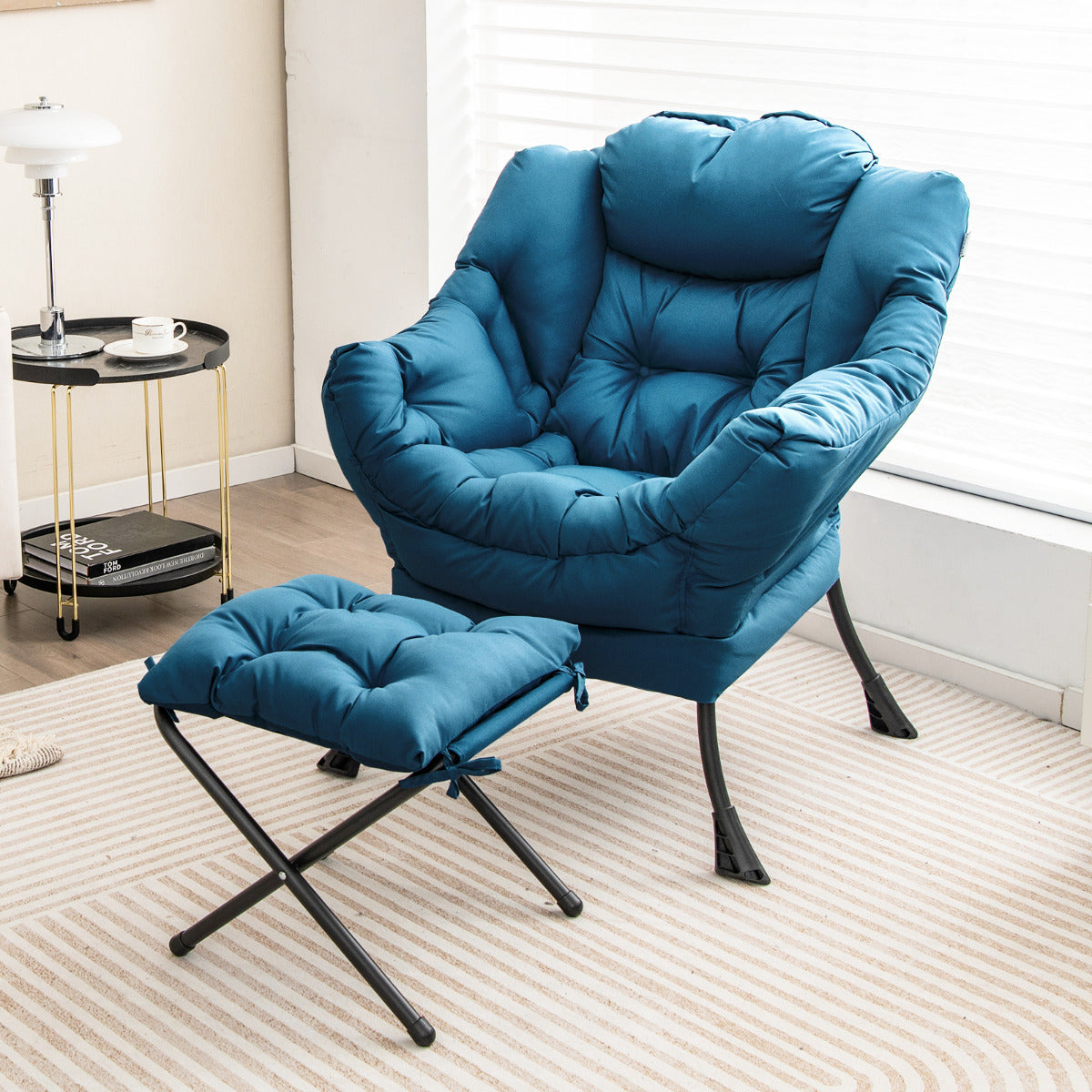 Sillón Reclinável com Otomana Butaca de Lazer com Almofada Apoio para Pés Apoios de Braços Sofá para Sala Quarto 75 x 81 x 94,5 cm Azul