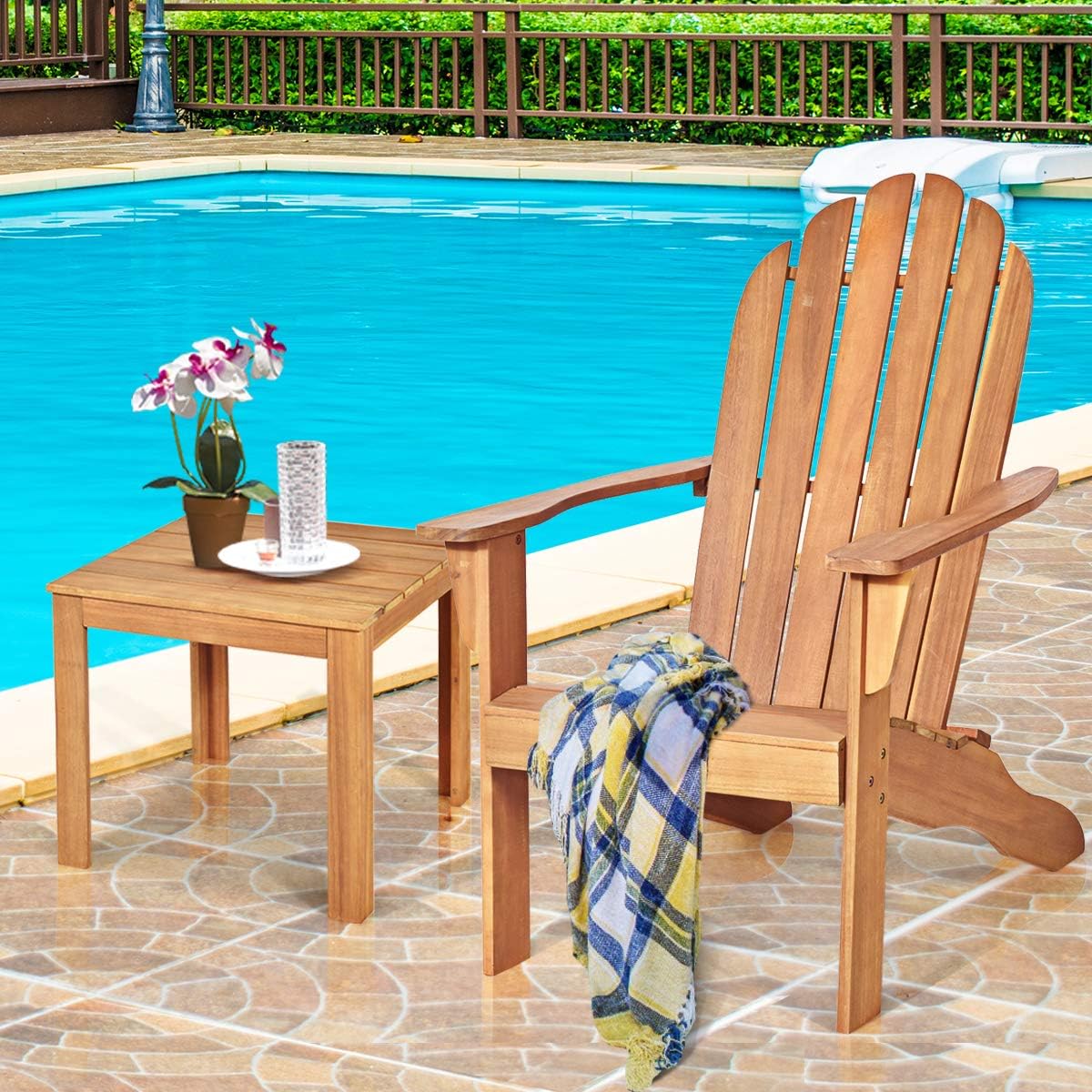 Cadeira Adirondack de Madeira com Apoio de Braços e Encosto de Assento Reclinável para Terraço Exterior 88 x 69 x 103 cm Natural