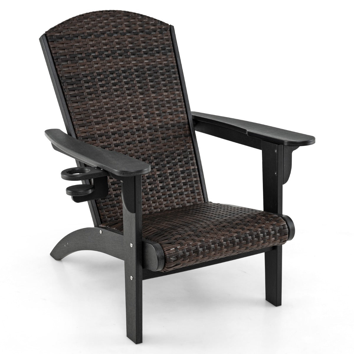 Silla Adirondack para Pátio HDPE com Assento e Encosto Acolchoados de Ratan - Apoios de Braços Largos e Suporte para Copos - Preto