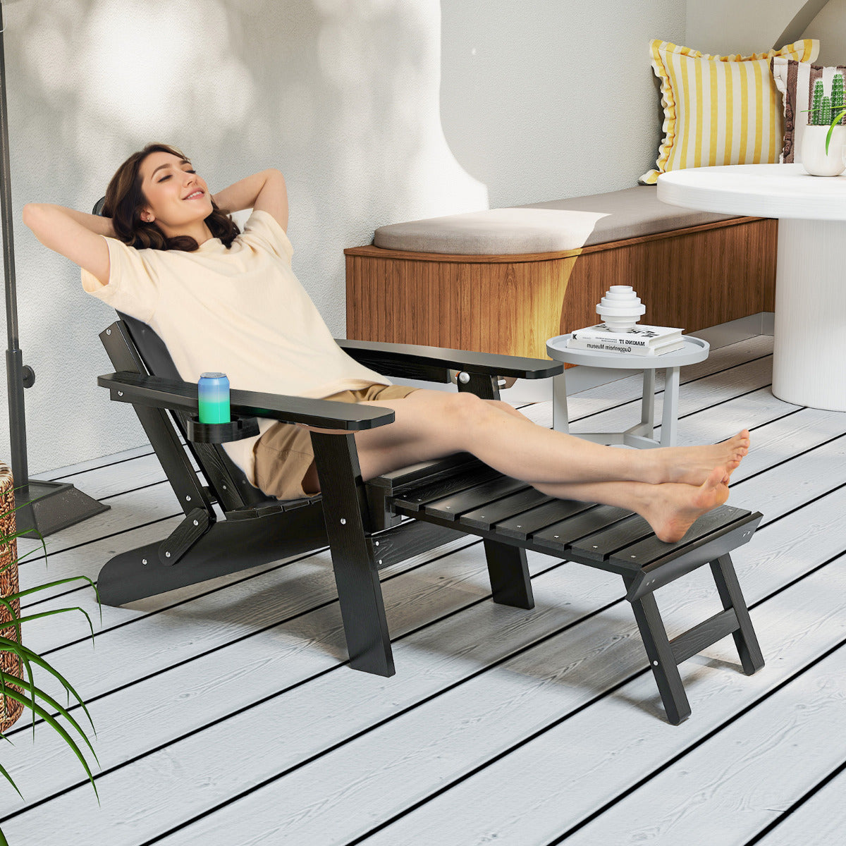 Cadeira Adirondack Dobrável para Pátio Poltrona de HIPS para Todo o Clima com Descanso de Pés Retrátil Encosto Ajustável Espreguiçadeira para Jardim Preto