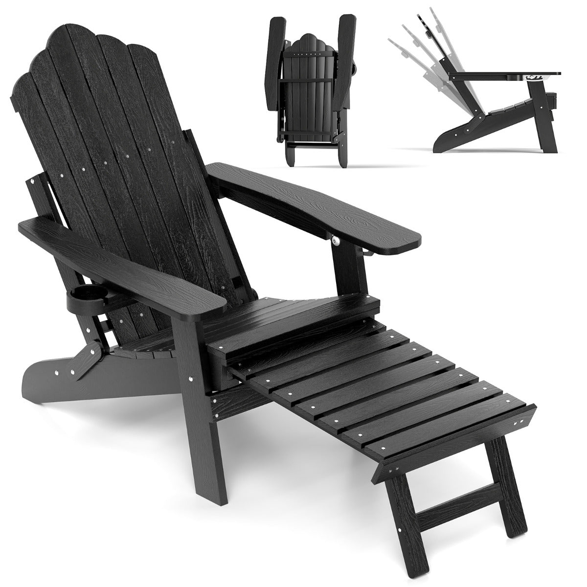 Cadeira Adirondack Dobrável para Pátio Poltrona de HIPS para Todo o Clima com Descanso de Pés Retrátil Encosto Ajustável Espreguiçadeira para Jardim Preto