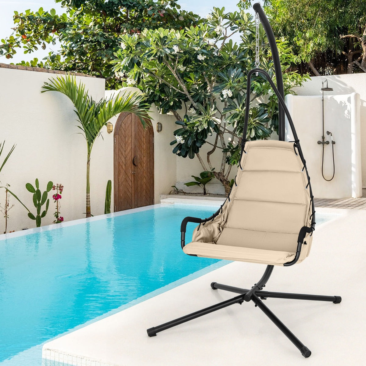 Cadeira de Baloiço – 105 x 101 x 203 cm – Bege – Metal com Assento Acolchoado