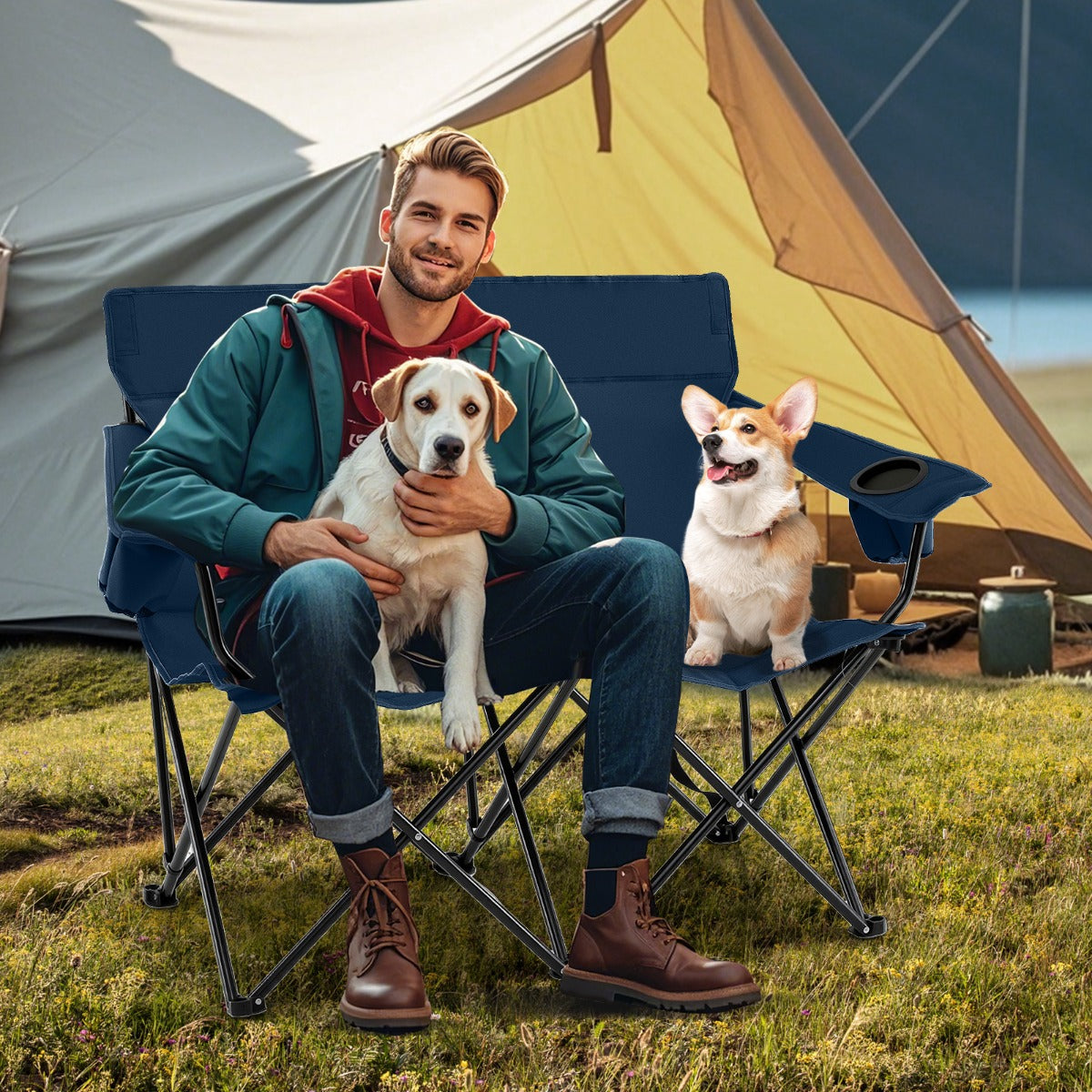 Silla de Camping Dupla com Porta Copos, Apoio de Braços e Bolsa de Transporte - Azul