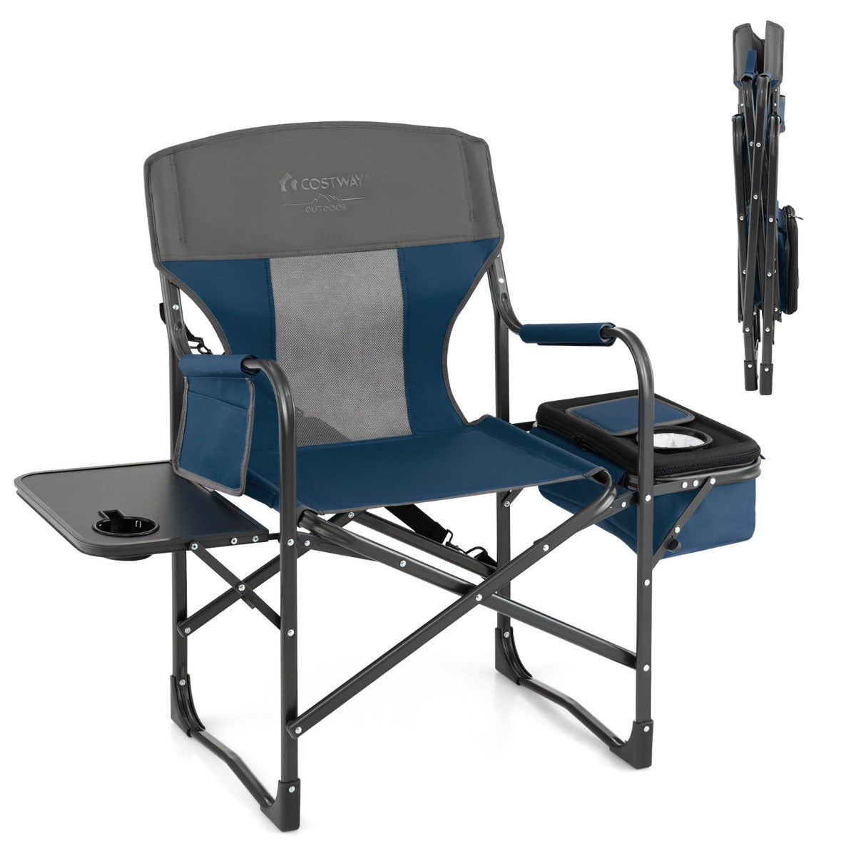 Cadeira de Camping Dobrável com Mesa Lateral, Bolsa Térmica, Suporta 180 kg, Azul
